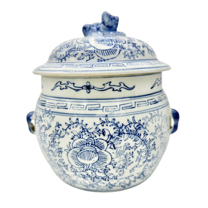 Vintage Ceramic Lidded Jar Blue White Floral Design and Animal Figurine Topper