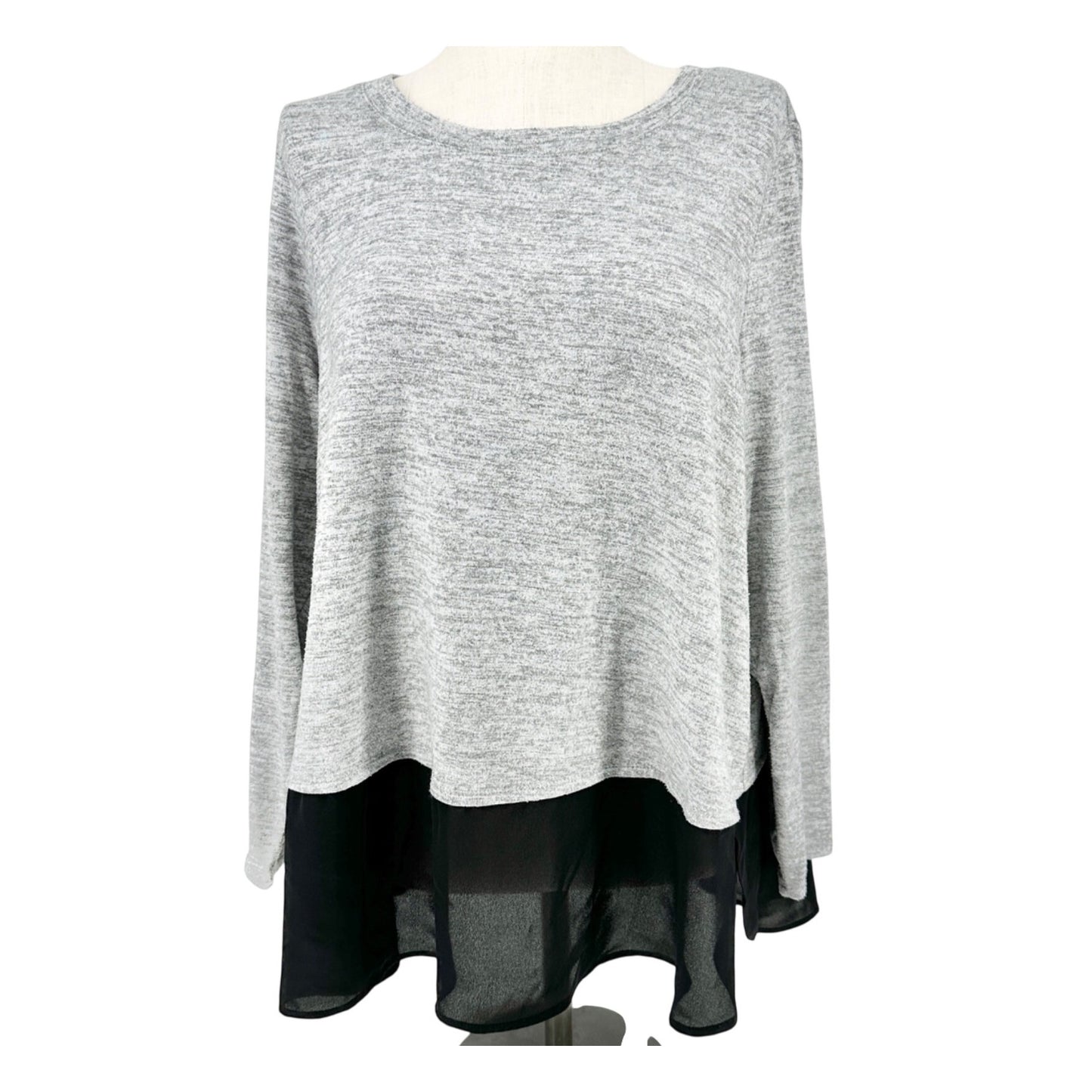 EVRI Knit Top Womens 2X Heather Gray With Sheer Black Hem Layered Look LS Crew