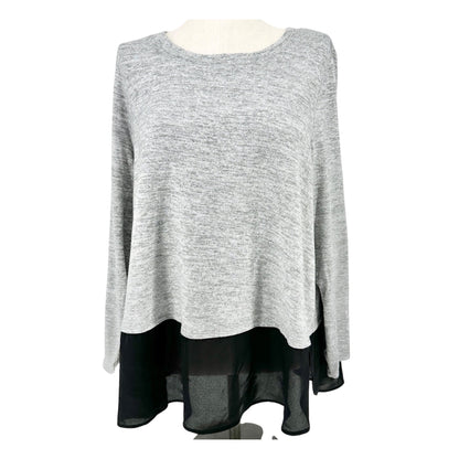 EVRI Knit Top Womens 2X Heather Gray With Sheer Black Hem Layered Look LS Crew