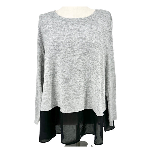 EVRI Knit Top Womens 2X Heather Gray With Sheer Black Hem Layered Look LS Crew