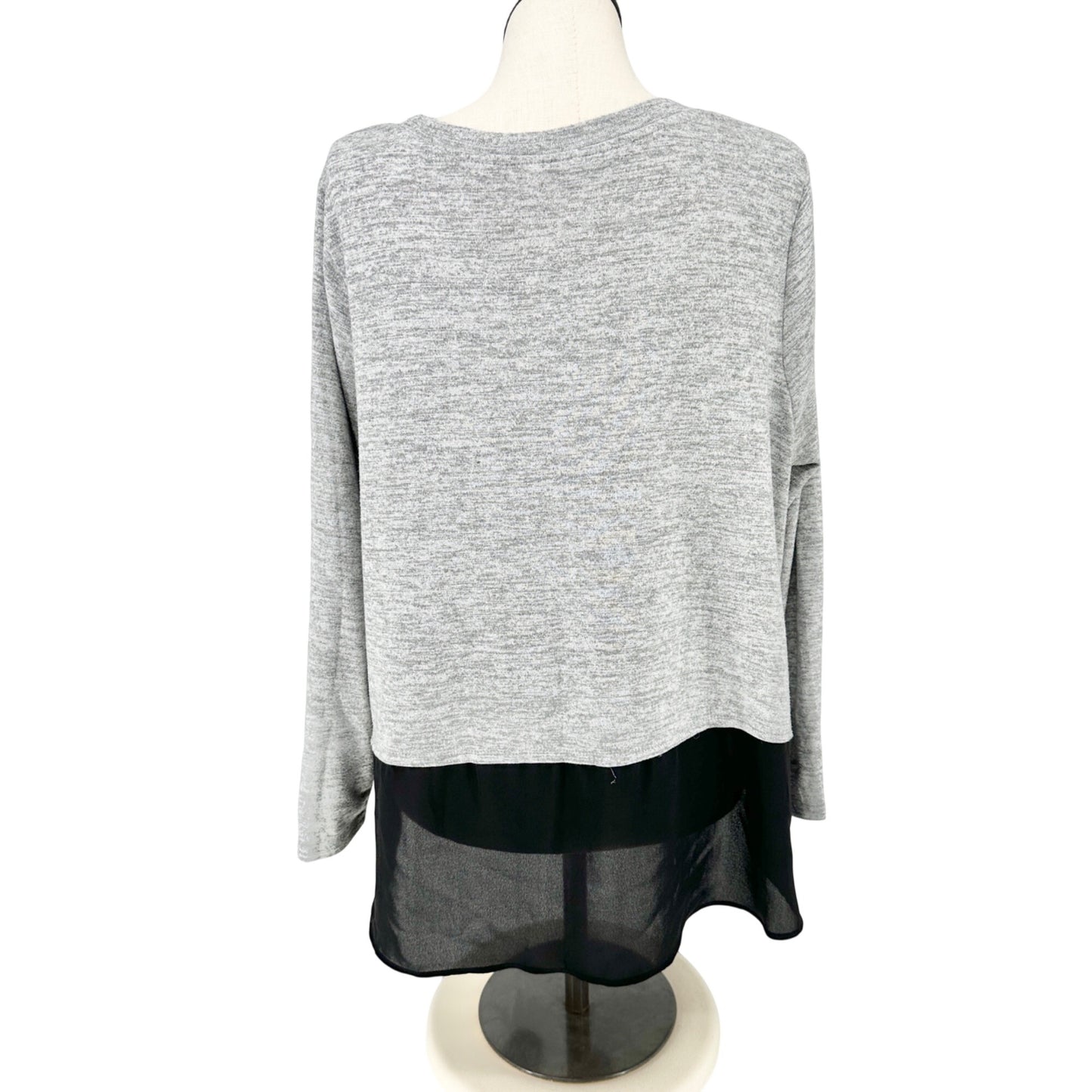EVRI Knit Top Womens 2X Heather Gray With Sheer Black Hem Layered Look LS Crew