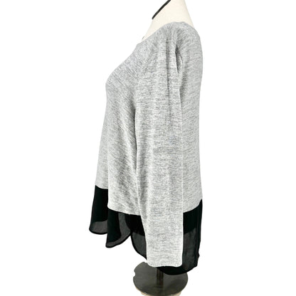 EVRI Knit Top Womens 2X Heather Gray With Sheer Black Hem Layered Look LS Crew