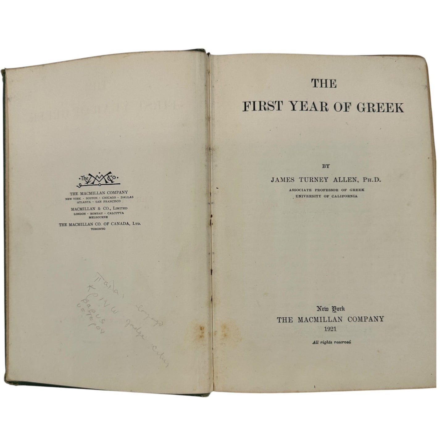 The First Year of Greek by James Turney Allen PhD 1921 Hardcover Book Antique