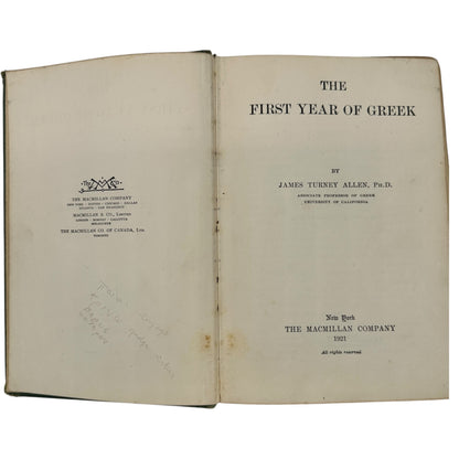 The First Year of Greek by James Turney Allen PhD 1921 Hardcover Book Antique
