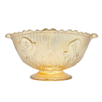 Jeannette Iris & Herringbone Marigold Footed Bowl 6 in Carnival Glass Scalloped