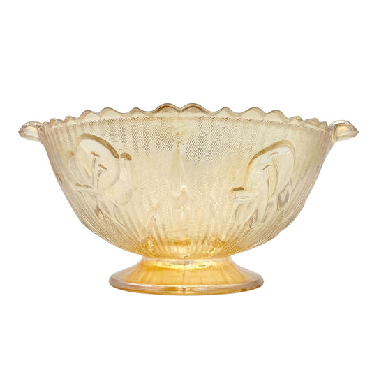 Jeannette Iris & Herringbone Marigold Footed Bowl 6 in Carnival Glass Scalloped