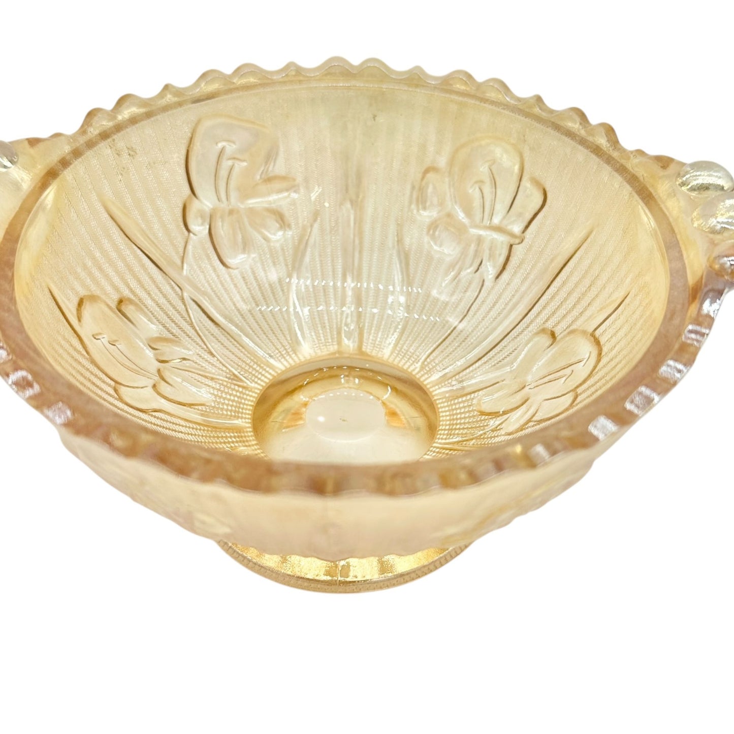 Jeannette Iris & Herringbone Marigold Footed Bowl 6 in Carnival Glass Scalloped