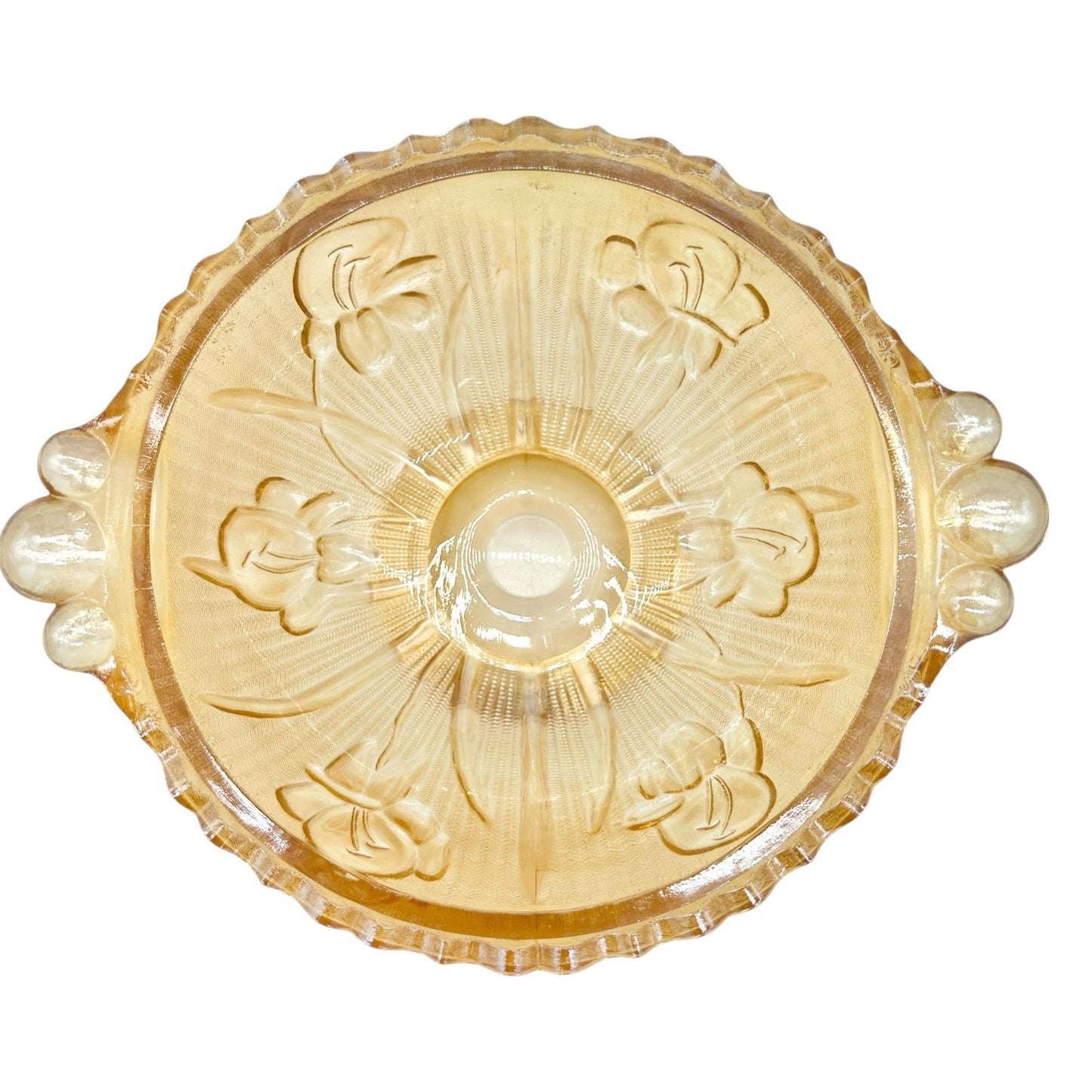 Jeannette Iris & Herringbone Marigold Footed Bowl 6 in Carnival Glass Scalloped