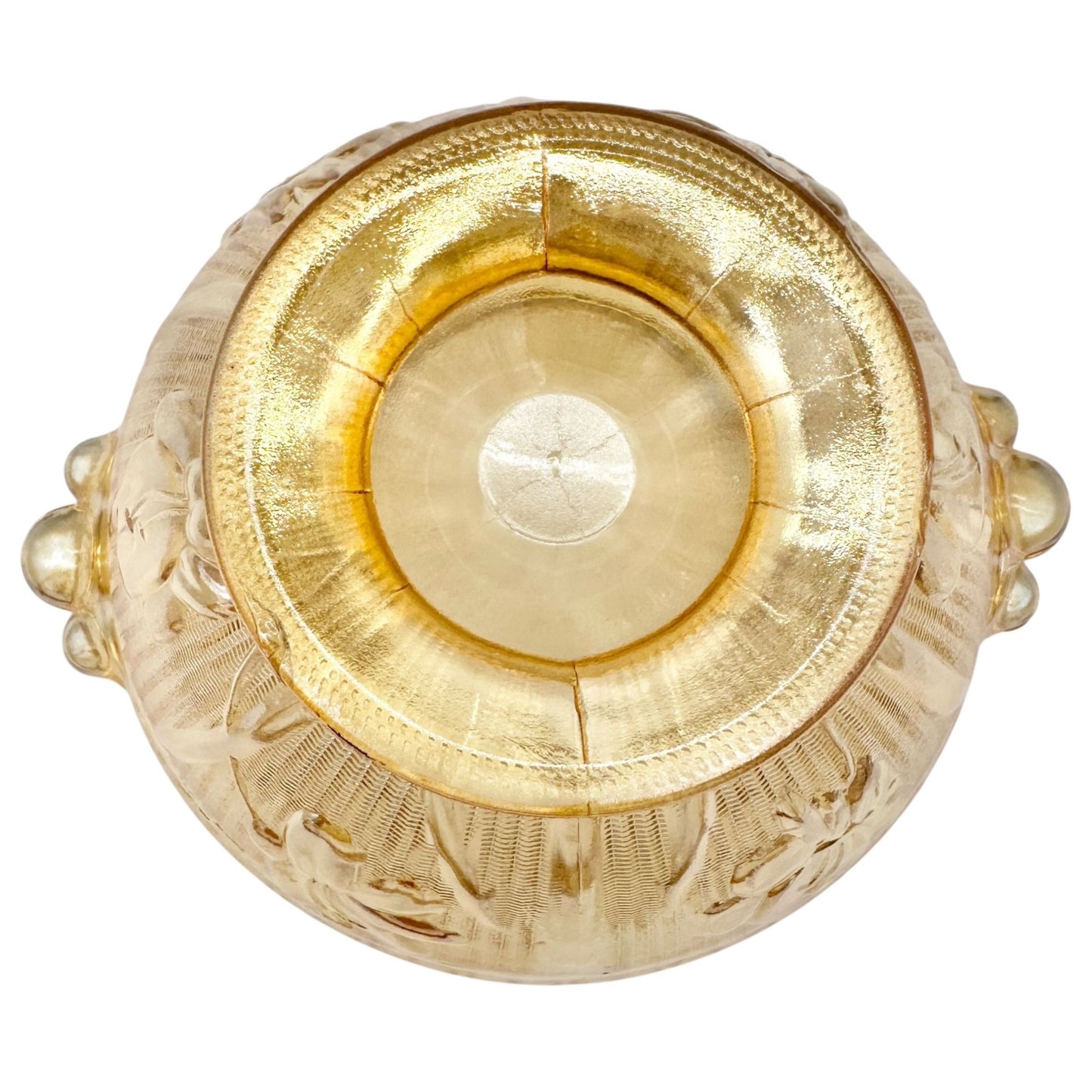 Jeannette Iris & Herringbone Marigold Footed Bowl 6 in Carnival Glass Scalloped