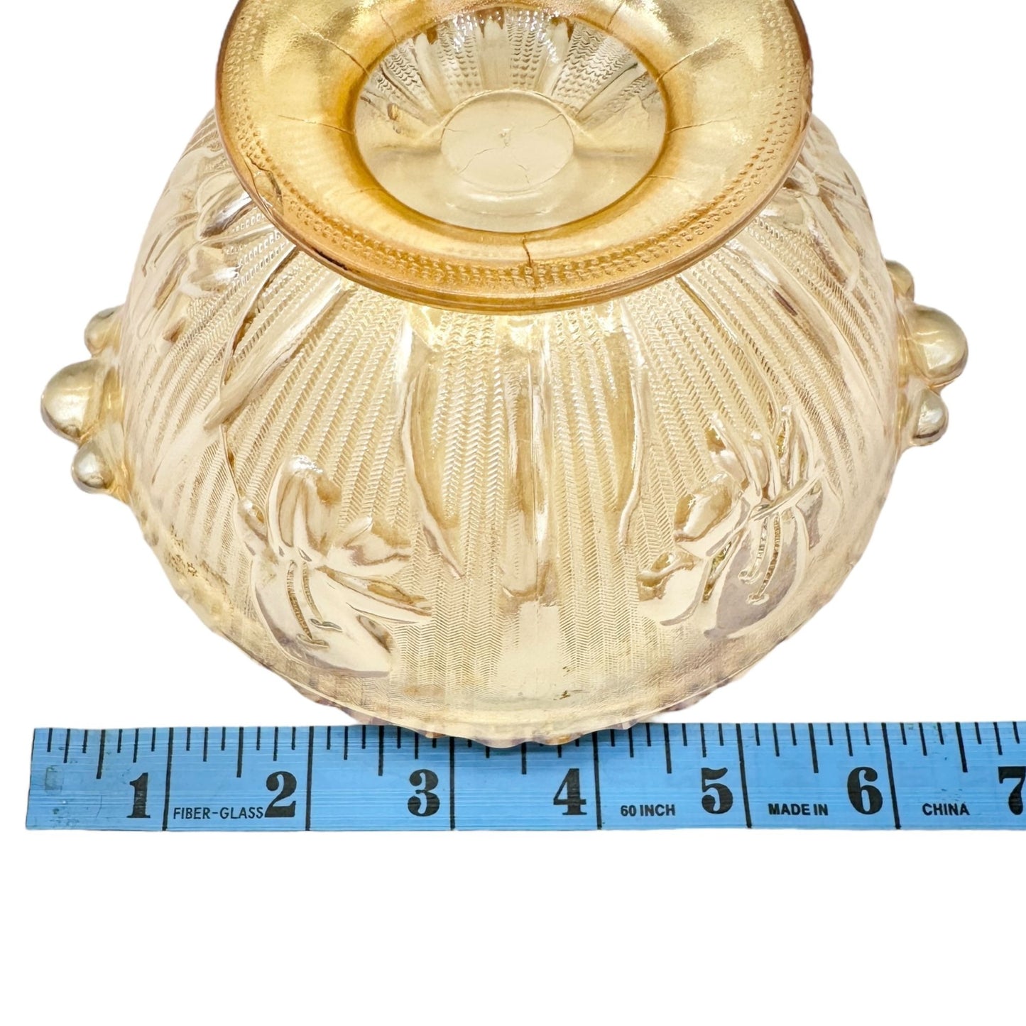 Jeannette Iris & Herringbone Marigold Footed Bowl 6 in Carnival Glass Scalloped