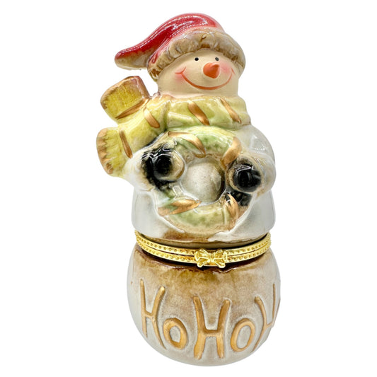 Snowman Limoges Trinket Box Porcelain Gold Accents Hinged Lid Ho Ho Ho Design