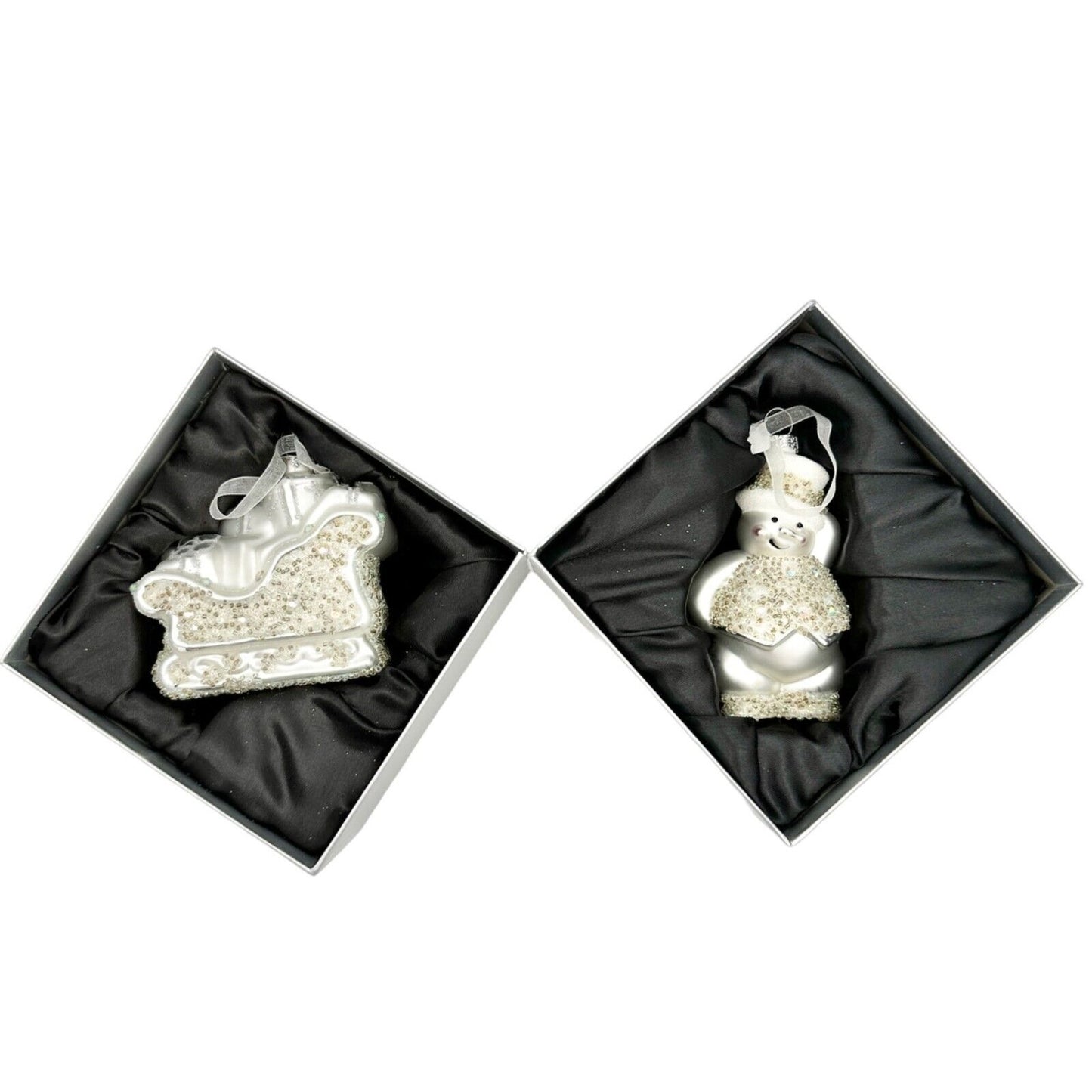 Christmas Ornaments Set of 2 White Silver Sparkles Sled and Snowman NIBs