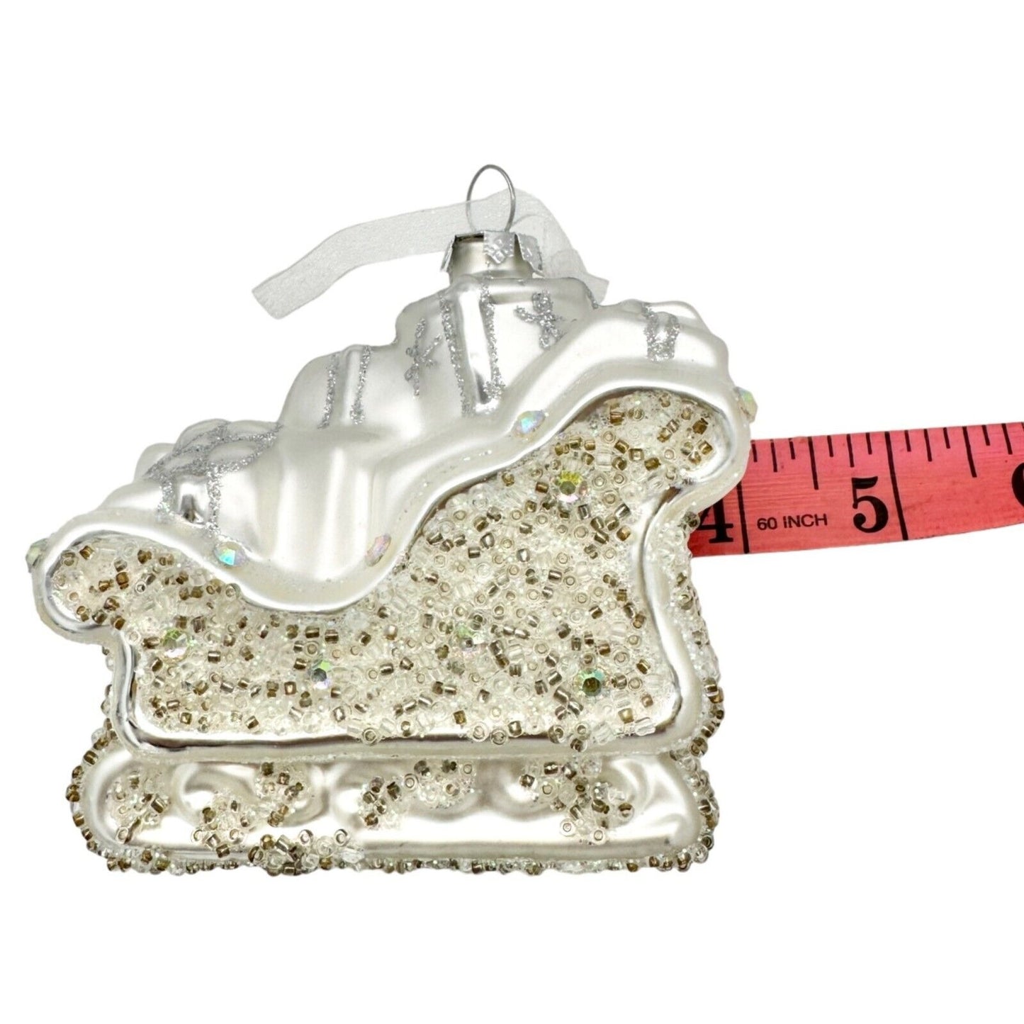 Christmas Ornaments Set of 2 White Silver Sparkles Sled and Snowman NIBs