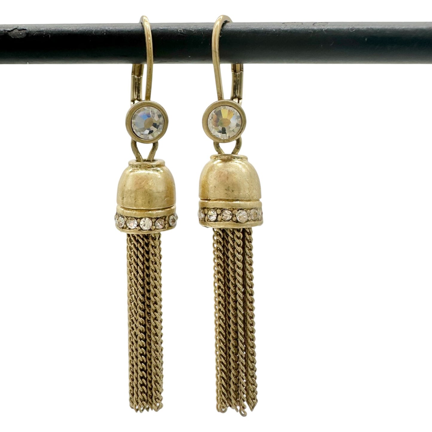 Vintage Goldtone Tassel Earrings Rhinestone Accents Leverback Elegant Dangles