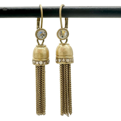 Vintage Goldtone Tassel Earrings Rhinestone Accents Leverback Elegant Dangles