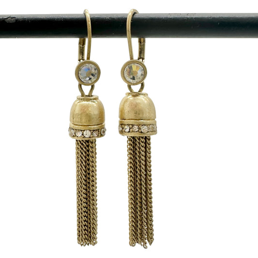 Vintage Goldtone Tassel Earrings Rhinestone Accents Leverback Elegant Dangles