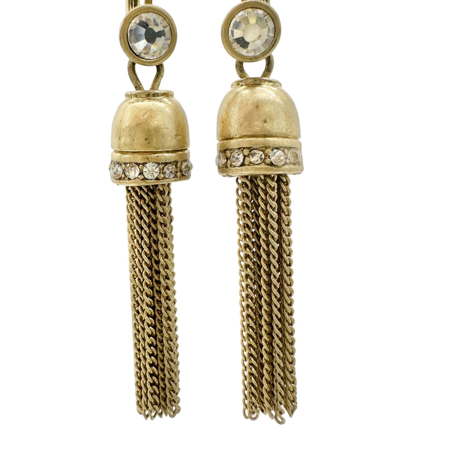 Vintage Goldtone Tassel Earrings Rhinestone Accents Leverback Elegant Dangles