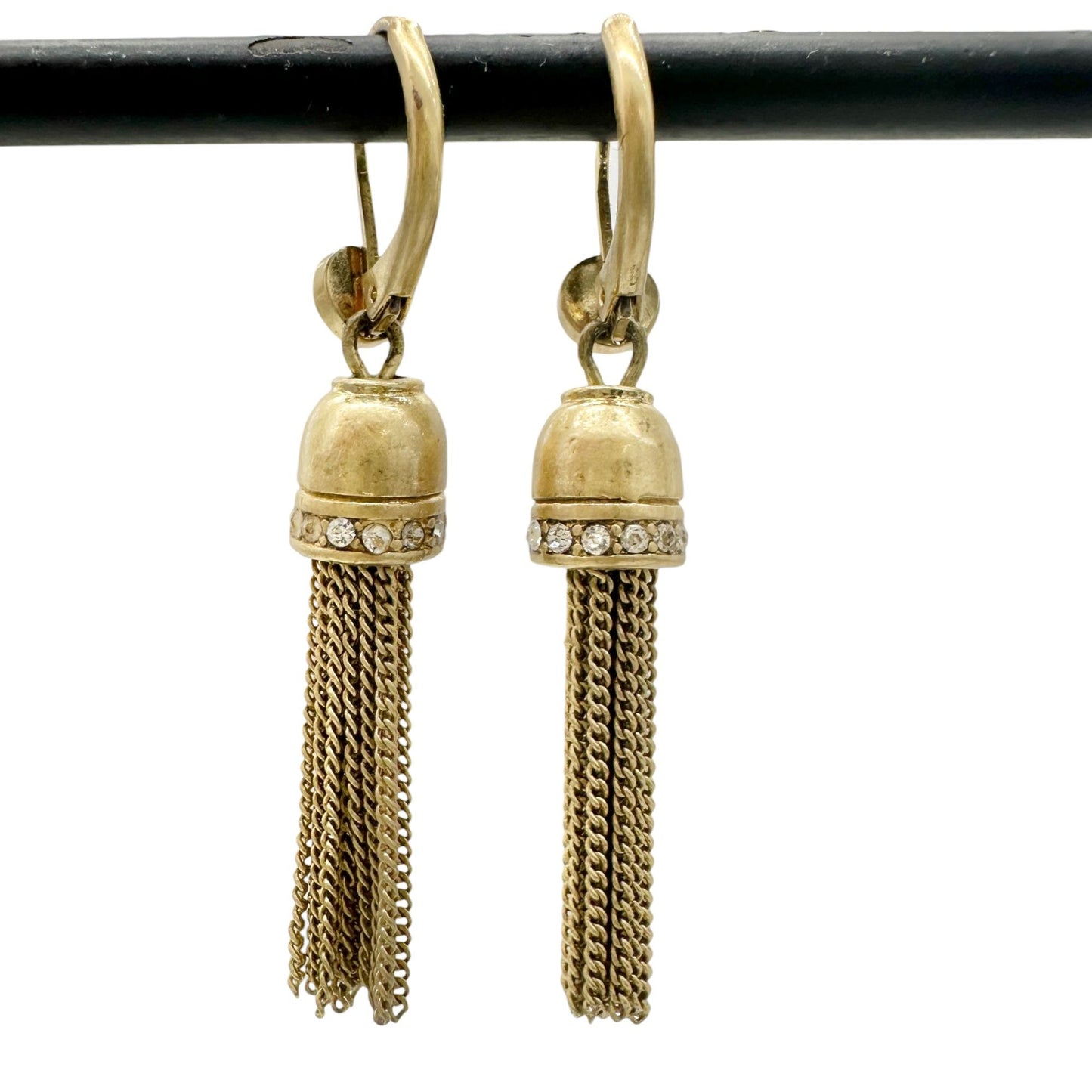 Vintage Goldtone Tassel Earrings Rhinestone Accents Leverback Elegant Dangles