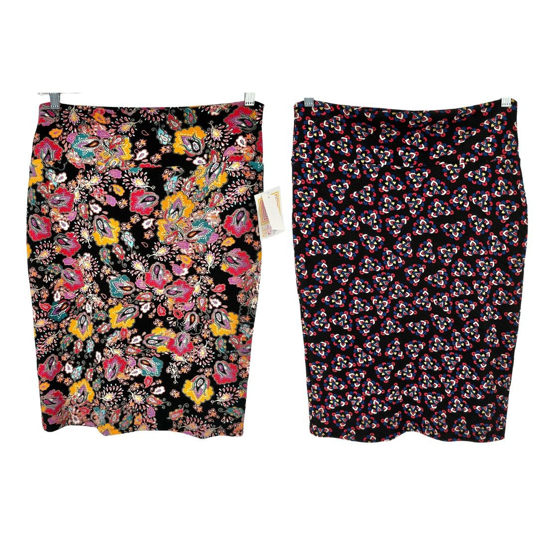 LuLaRoe Cassie Bundle of 2 Womens Large Skirts Pencil Multicolor Stretch Comfort
