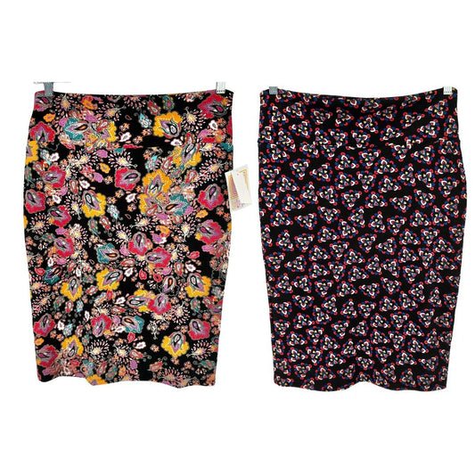 LuLaRoe Cassie Bundle of 2 Womens Large Skirts Pencil Multicolor Stretch Comfort