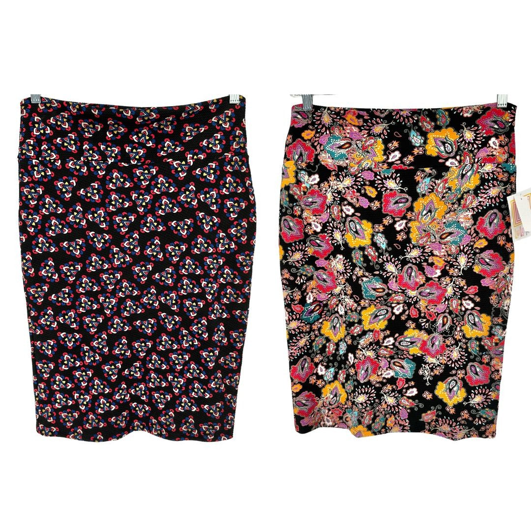 LuLaRoe Cassie Bundle of 2 Womens Large Skirts Pencil Multicolor Stretch Comfort