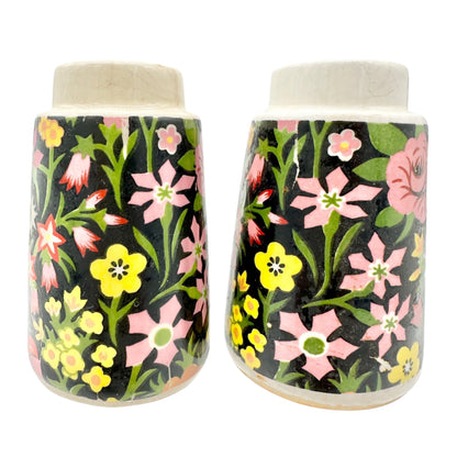 Vintage Design Ceramic Floral Salt and Pepper Shakers Black w Multicolor Flowers