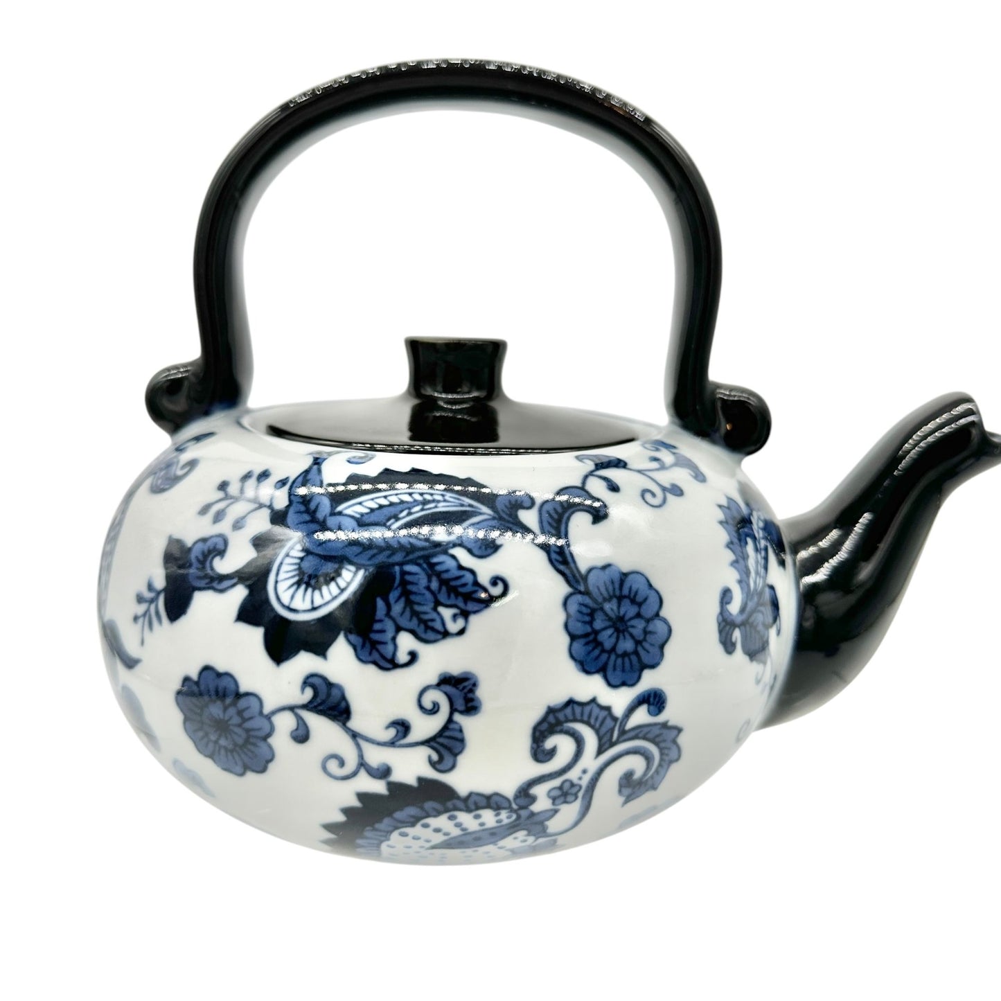 Pier 1 Vintage Handpainted Porcelain Tea Pot Black Blue White Floral Design