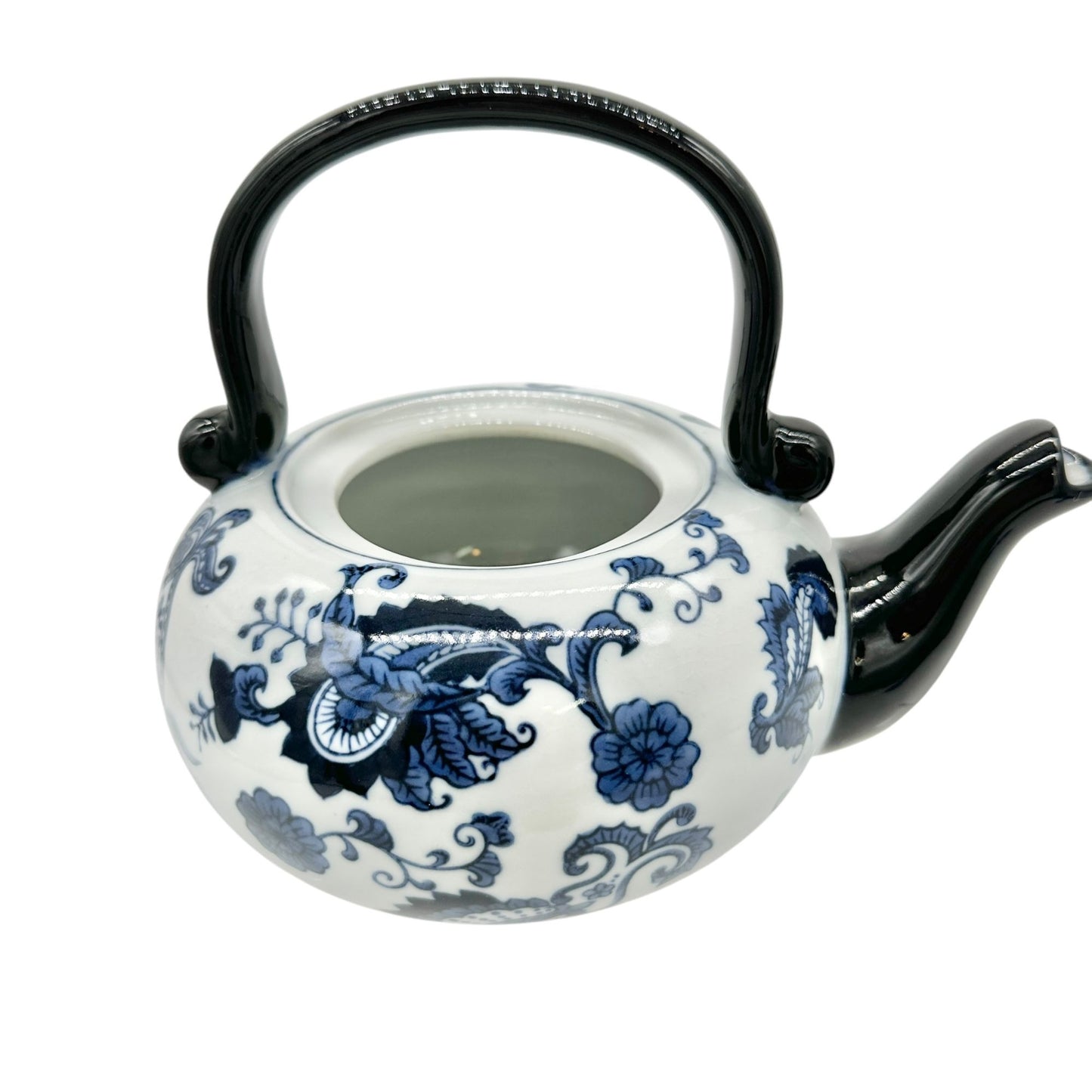 Pier 1 Vintage Handpainted Porcelain Tea Pot Black Blue White Floral Design