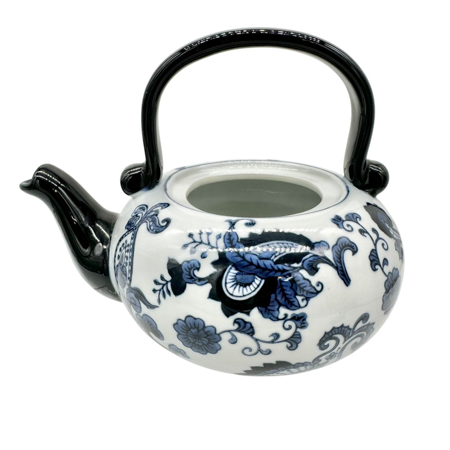 Pier 1 Vintage Handpainted Porcelain Tea Pot Black Blue White Floral Design