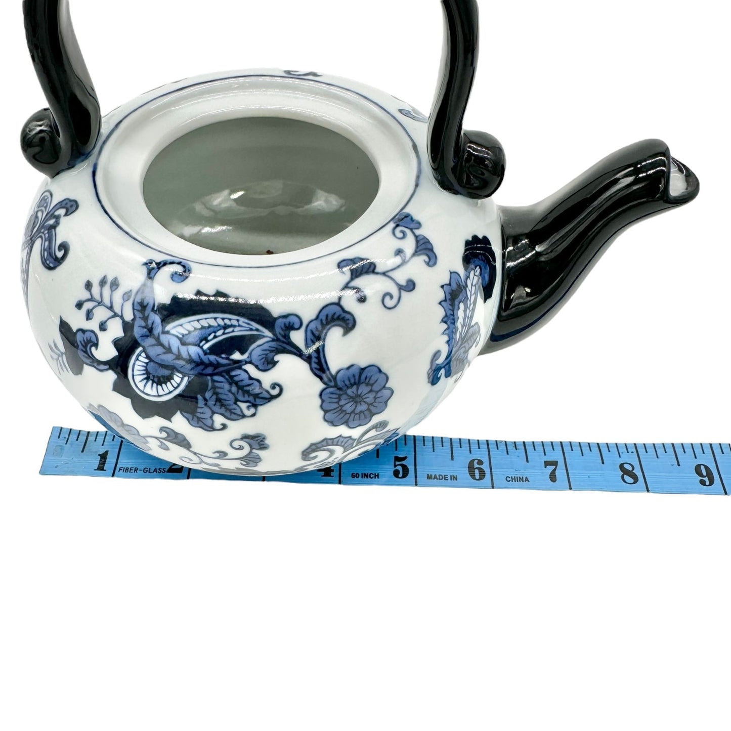 Pier 1 Vintage Handpainted Porcelain Tea Pot Black Blue White Floral Design