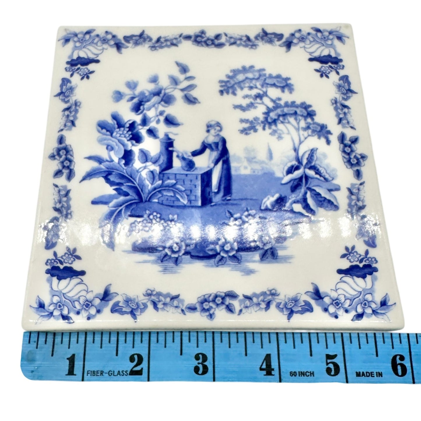 Spode Blue Room Square Ceramic Trivet with Women at Well Blue and White 6x6