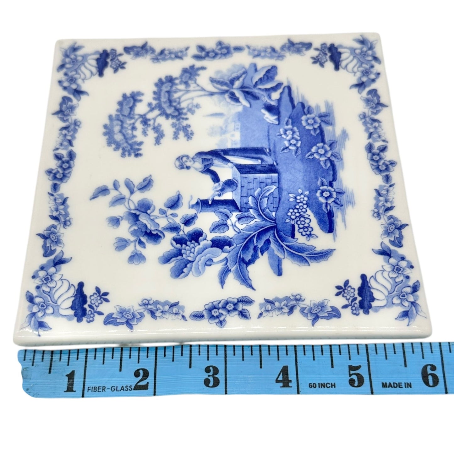 Spode Blue Room Square Ceramic Trivet with Women at Well Blue and White 6x6