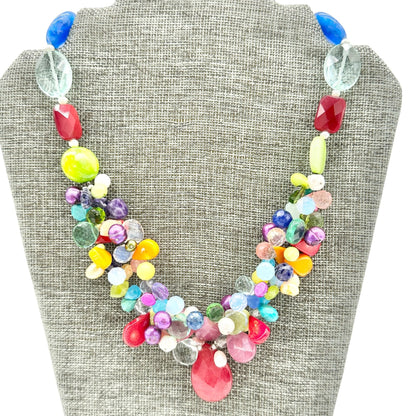 Multicolor Beaded Statement Necklace Unique Gemstone Accents S Hook Clasp 16-19
