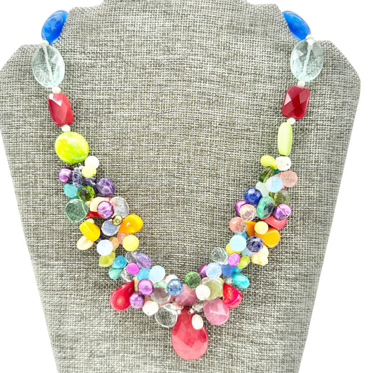 Multicolor Beaded Statement Necklace Unique Gemstone Accents S Hook Clasp 16-19