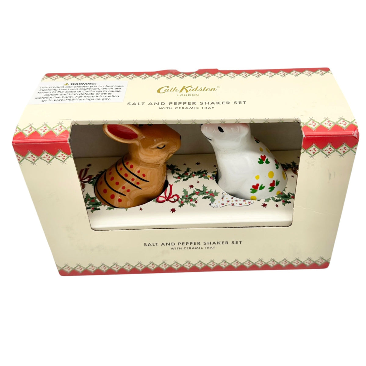 Cath Kidston Salt and Pepper Shaker Set With Ceramic Tray Festive Rabbit & Bear