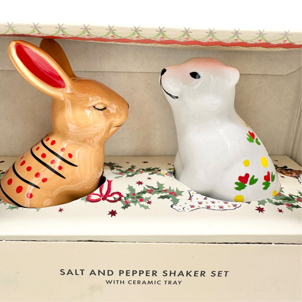 Cath Kidston Salt and Pepper Shaker Set With Ceramic Tray Festive Rabbit & Bear