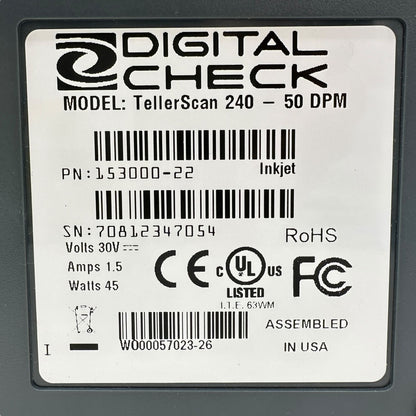 Digital Check TellerScan TS240 50 DPM Check Scanner With Power Cord
