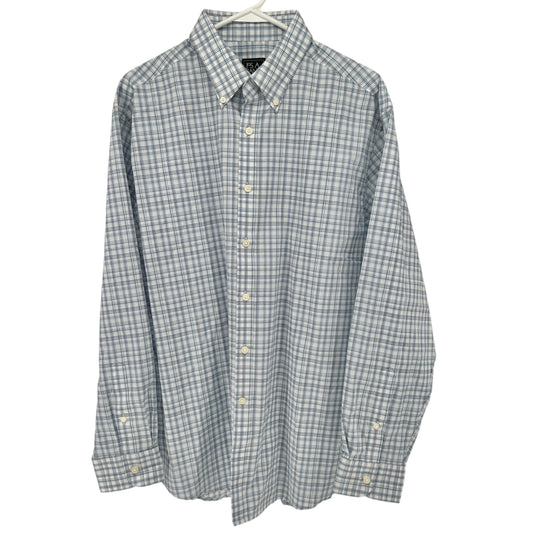 Jos A Bank Traveler Tailored Shirt L Blue Plaid Cotton Blend LS TravelTech
