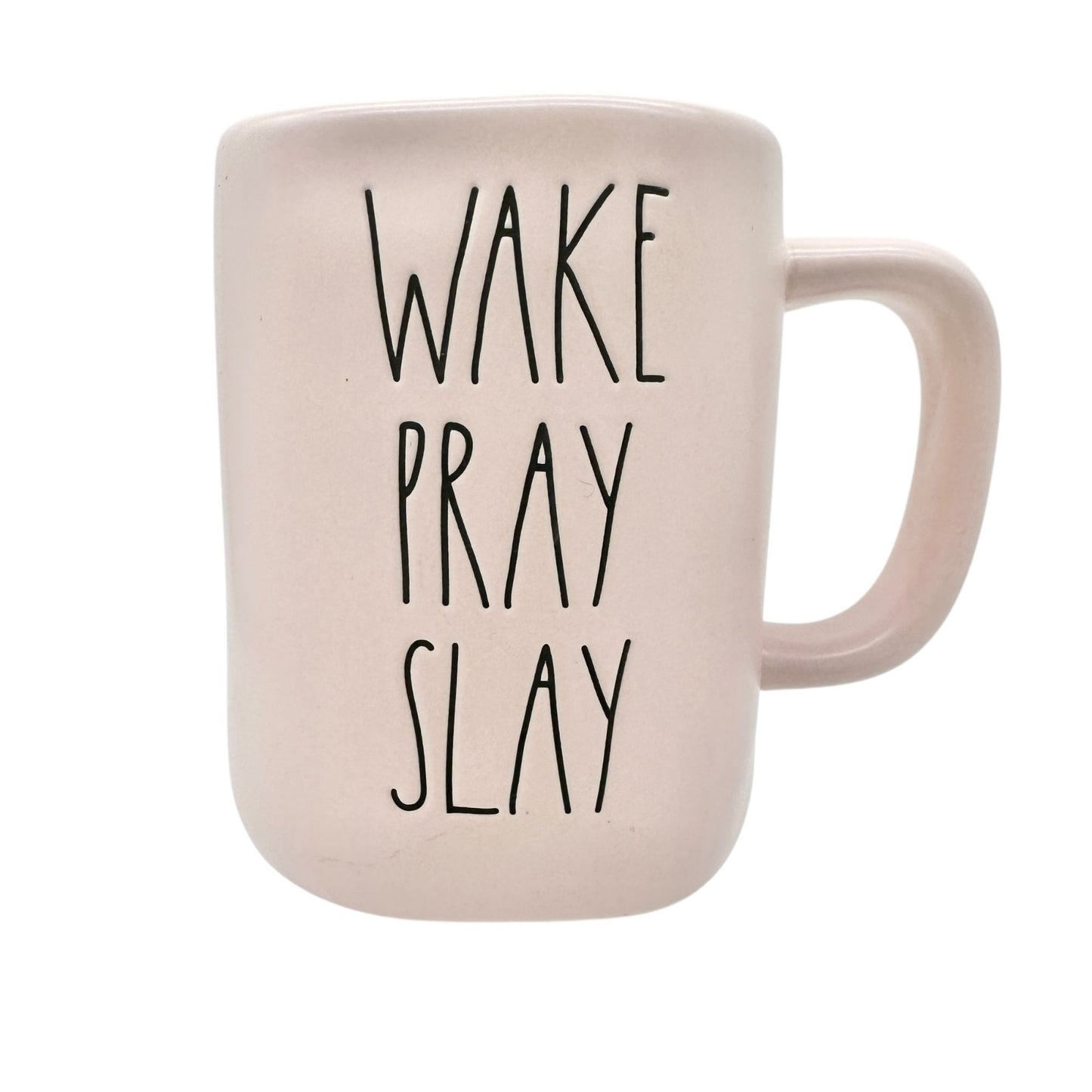 Rae Dunn Artisan Collection 20 oz Mug WAKE PRAY SLAY Pink with Black Letters NEW