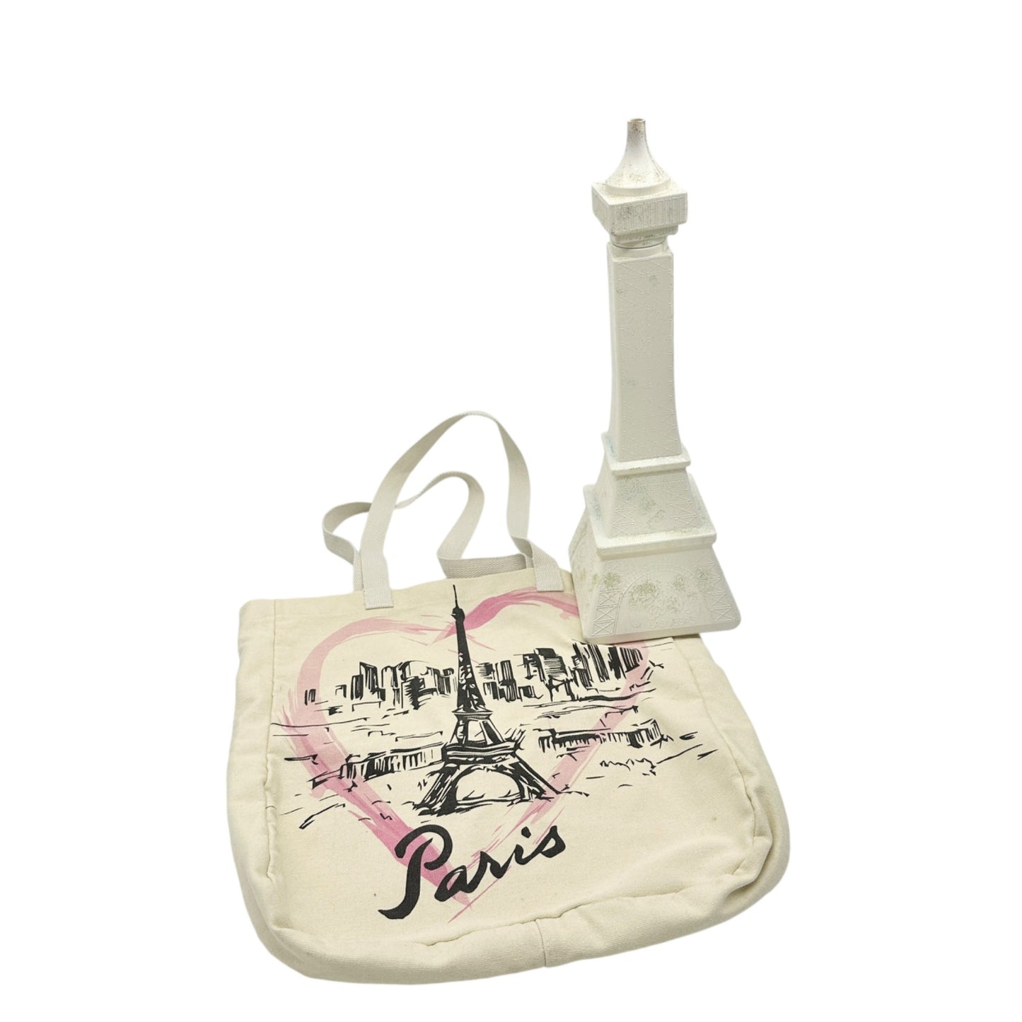 Eiffel Tower Paris Canvas Tote Bag Plus 17” Plastic Eiffel Tower Container White