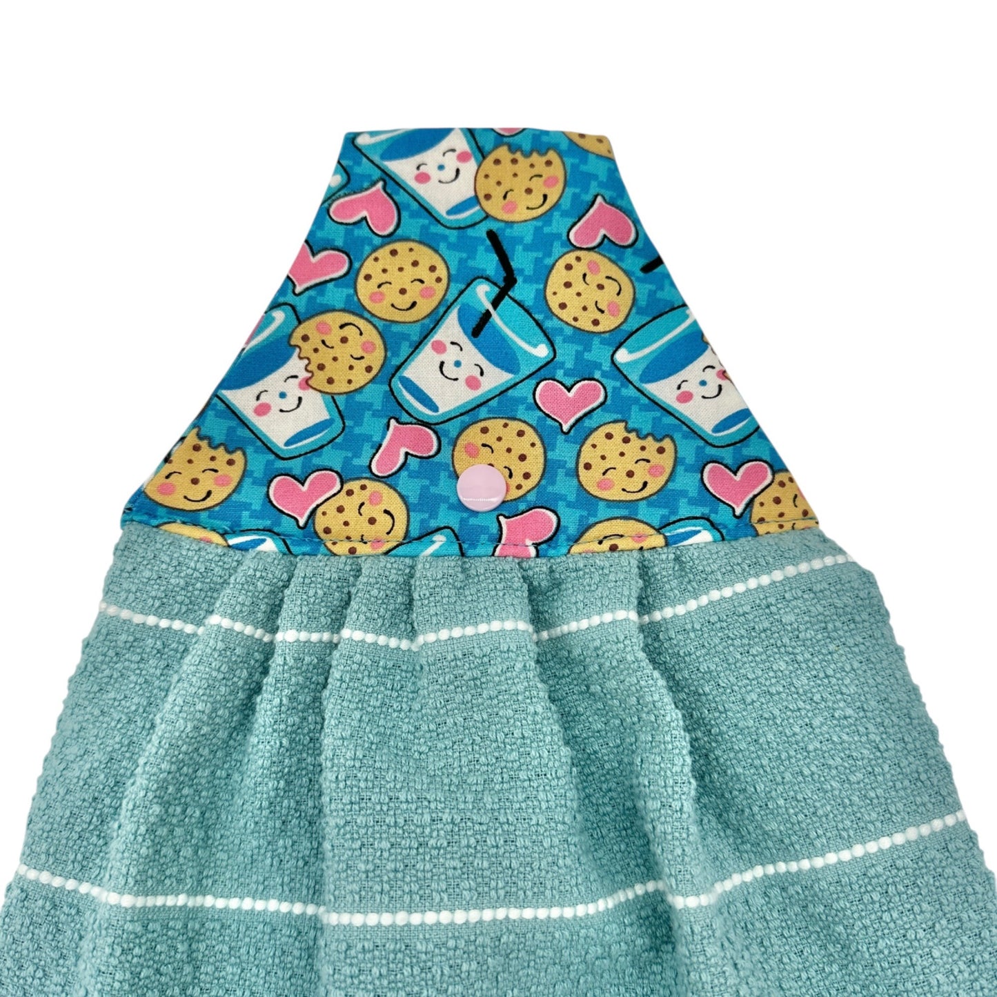 Handmade Hanging Kitchen Towel With Cookies and Milk Print Top and Ruffle Trim