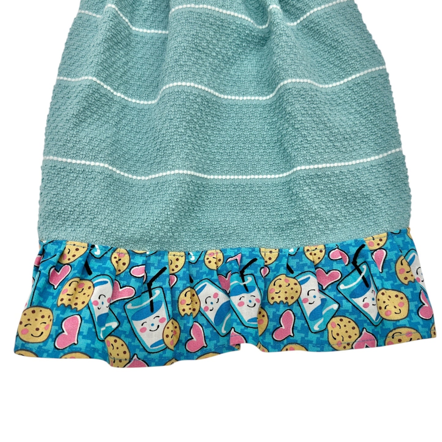 Handmade Hanging Kitchen Towel With Cookies and Milk Print Top and Ruffle Trim