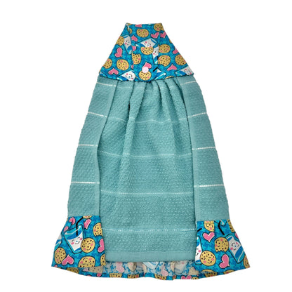 Handmade Hanging Kitchen Towel With Cookies and Milk Print Top and Ruffle Trim