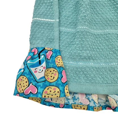 Handmade Hanging Kitchen Towel With Cookies and Milk Print Top and Ruffle Trim