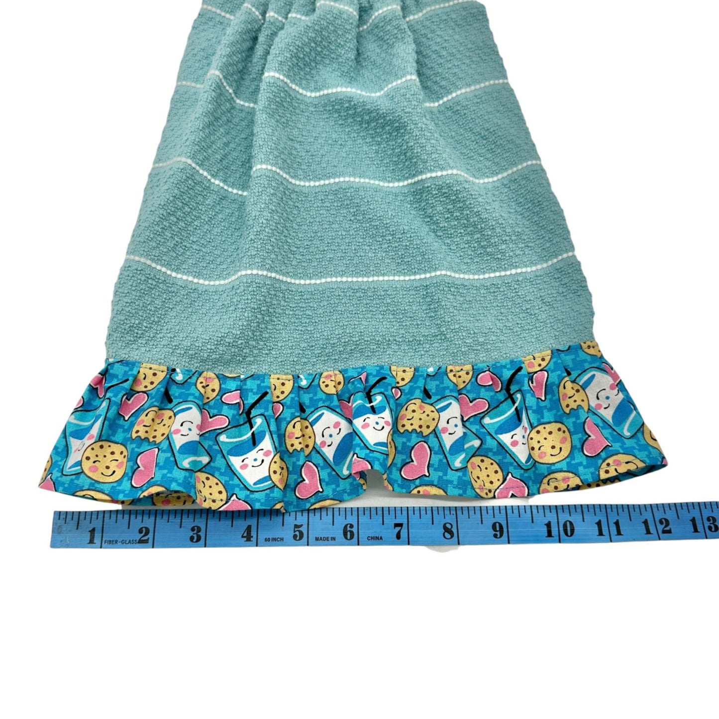 Handmade Hanging Kitchen Towel With Cookies and Milk Print Top and Ruffle Trim