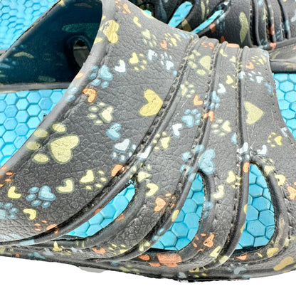 Women Slide Sandals Size 8 Black Heart Paw Print Pattern Blue Honeycomb Footbed