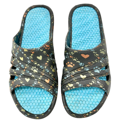 Women Slide Sandals Size 8 Black Heart Paw Print Pattern Blue Honeycomb Footbed