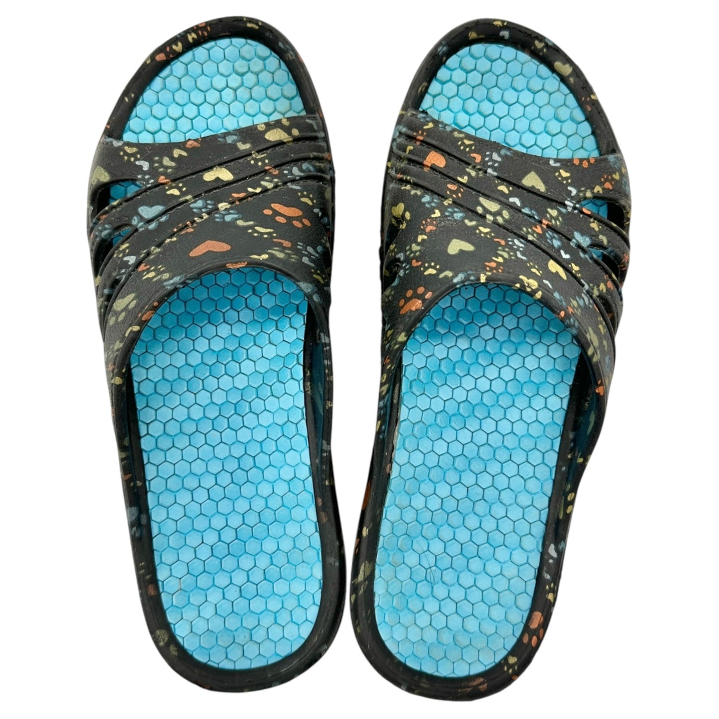 Women Slide Sandals Size 8 Black Heart Paw Print Pattern Blue Honeycomb Footbed