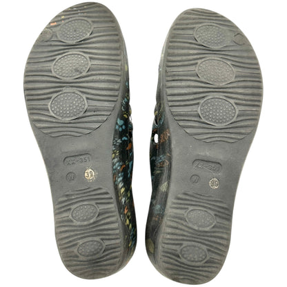 Women Slide Sandals Size 8 Black Heart Paw Print Pattern Blue Honeycomb Footbed