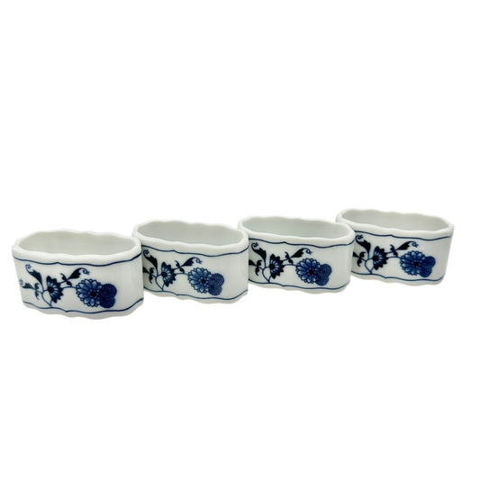 Set Of 4 Blue Danube Porcelain Napkin Rings With Floral Design Blue White 2.5x1